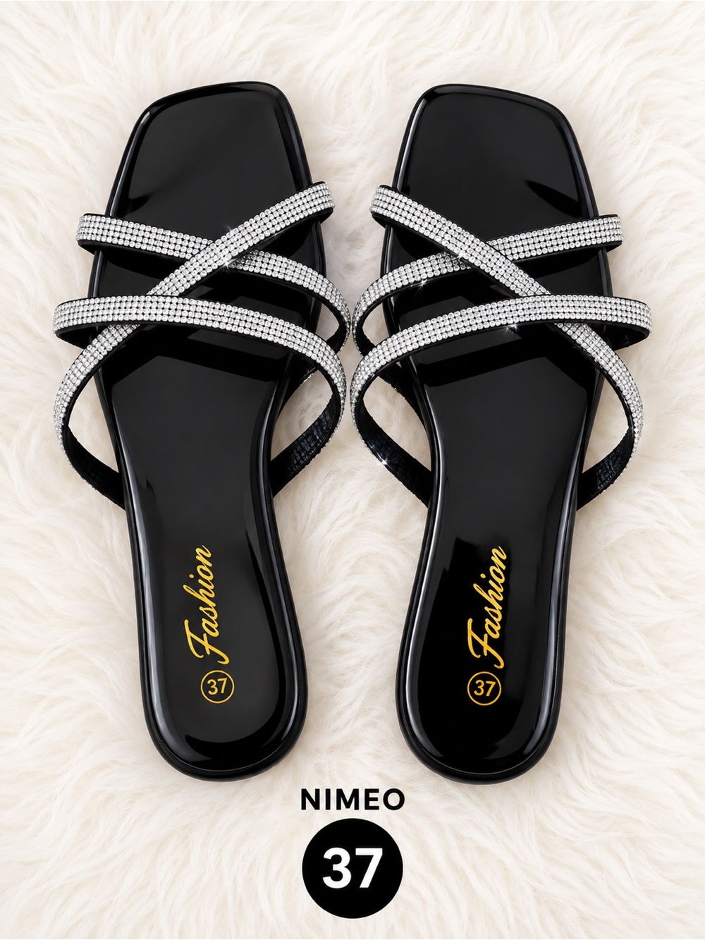 Black Rhinestone Crisscross Slide Sandals